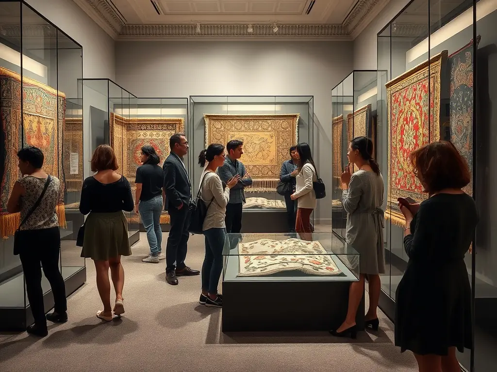 A photograph showcasing a cultural exhibition featuring restored antique textiles, displayed in an elegant gallery setting. Visitors are seen admiring the intricate details of the fabrics and designs.