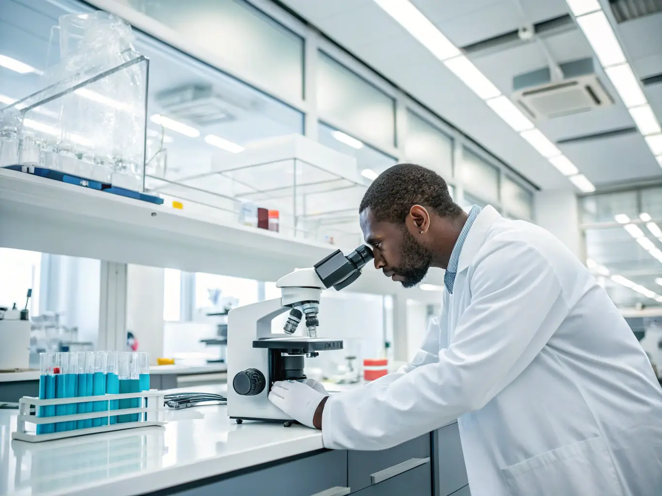 A researcher examining a textile sample under a microscope, highlighting the scientific approach to understanding textile history and techniques.