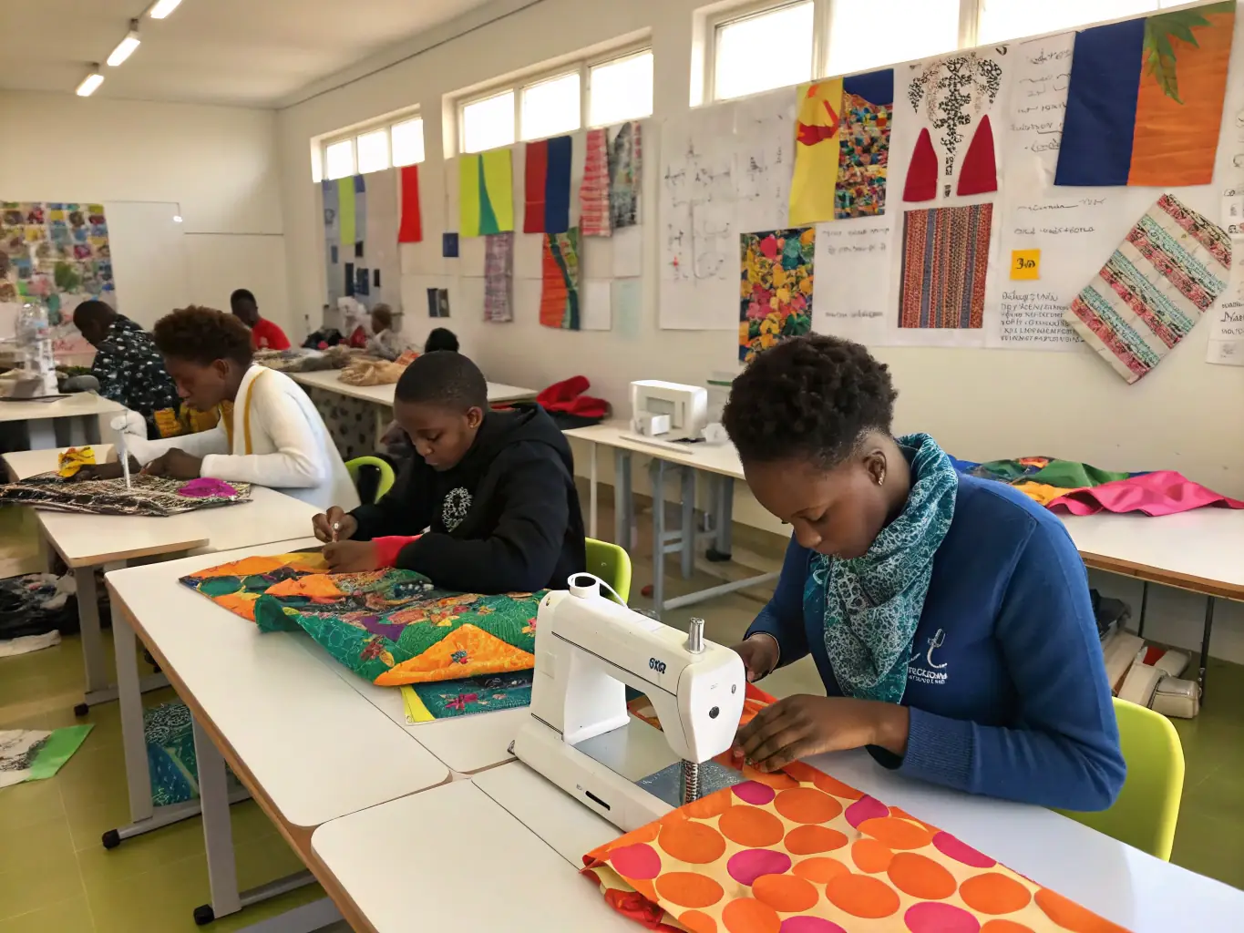 A photograph showing a group of children participating in a textile art workshop, learning traditional weaving techniques from experienced artisans.