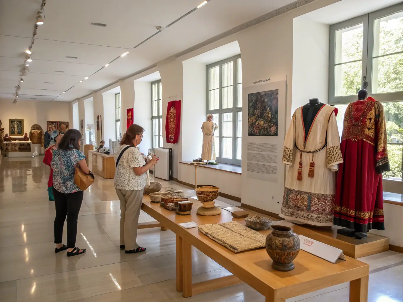 A photograph of a beautifully curated exhibition showcasing restored textiles and artifacts, attracting visitors interested in local history and textile art.