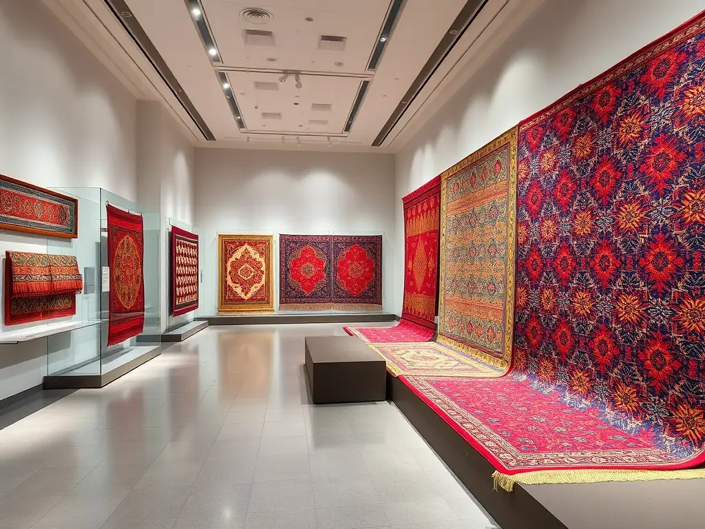 An engaging image of a museum exhibit featuring restored textiles, with visitors admiring the craftsmanship and learning about the history of each piece. The exhibit is well-lit and informative.