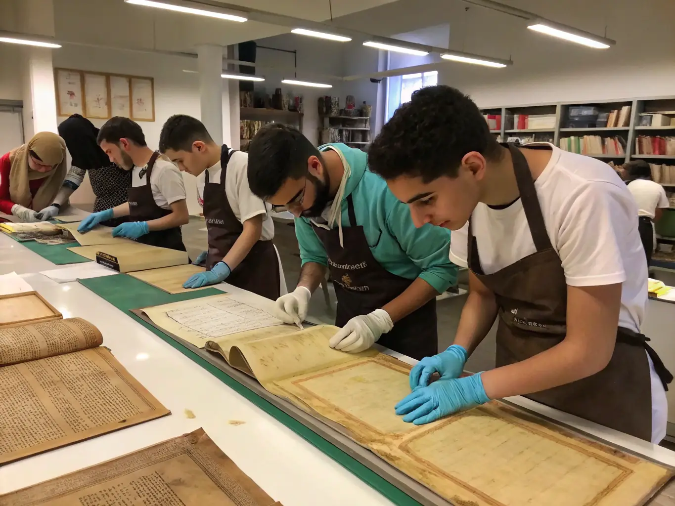 A group of volunteers carefully restoring a vintage Aubusson tapestry in a well-lit workshop, showcasing the intricate details and delicate work involved in textile conservation.