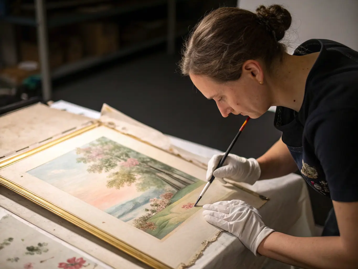 A photograph depicting the meticulous restoration of a historic Aubusson tapestry, showcasing the delicate work of textile conservators in a workshop setting.