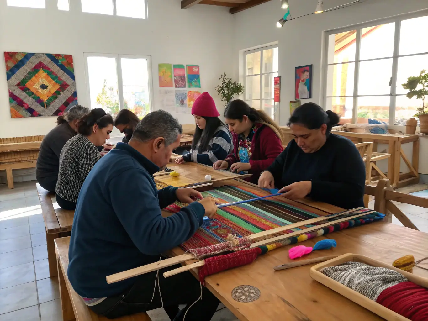 A vibrant photo of a cultural mediation event where artisans demonstrate traditional weaving techniques to a group of enthusiastic participants, highlighting the interactive and educational aspect of the program.