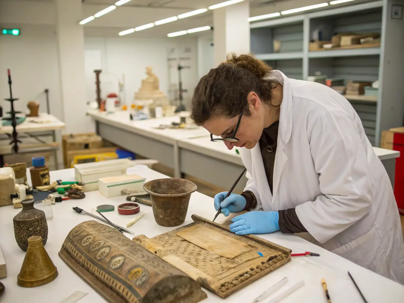 A photograph depicting a textile restoration workshop in progress, with participants carefully working on antique fabrics under the guidance of an expert conservator. The setting is a well-lit studio filled with specialized tools and materials.