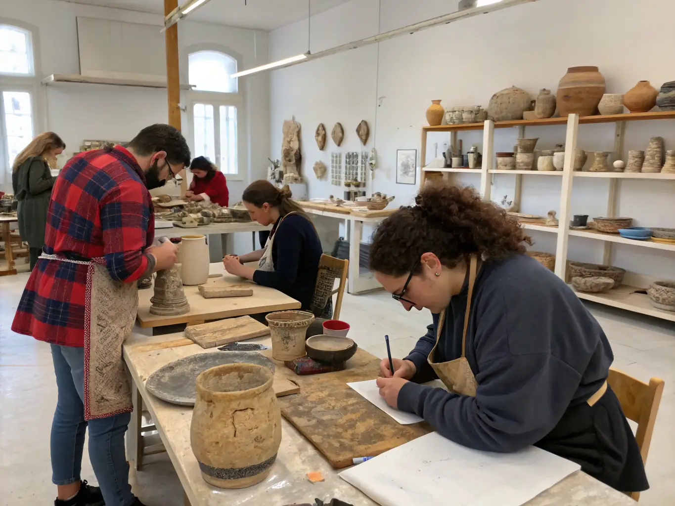A photograph of a cultural mediation event, showing a group of people participating in a workshop on traditional weaving techniques, led by a skilled artisan.