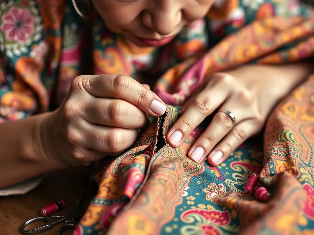 A photograph depicting a textile expert carefully restoring an antique tapestry in a conservation lab, showcasing the delicate work involved.