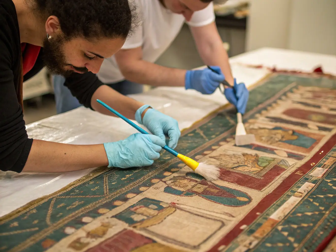 A photograph depicting volunteers carefully restoring an antique tapestry in a well-lit workshop, showcasing the delicate work involved in textile conservation.