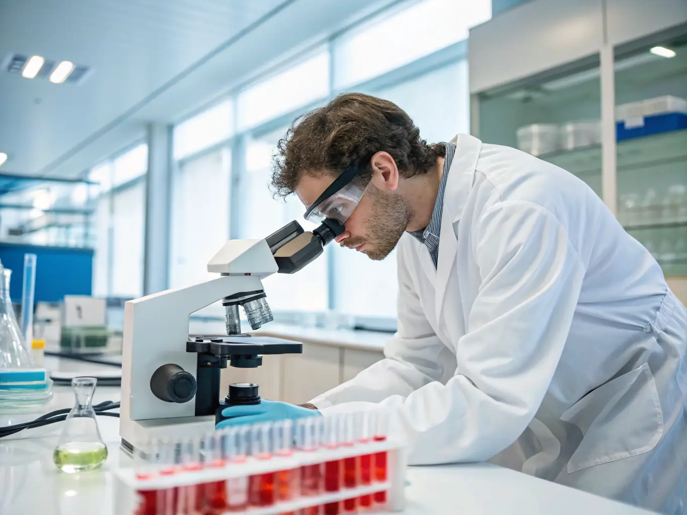 A researcher meticulously examining a historical textile sample under a microscope in a laboratory setting, emphasizing the scientific and analytical approach to understanding textile heritage.